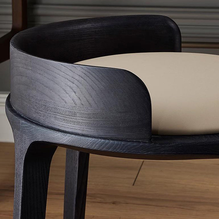 Contemporary Retro Ash Oak Wood Faux Leather Round Vanity Stool With Backrest For Bedroom