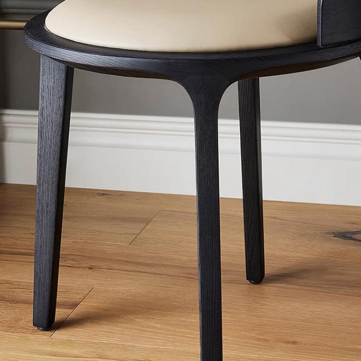 Contemporary Retro Ash Oak Wood Faux Leather Round Vanity Stool With Backrest For Bedroom