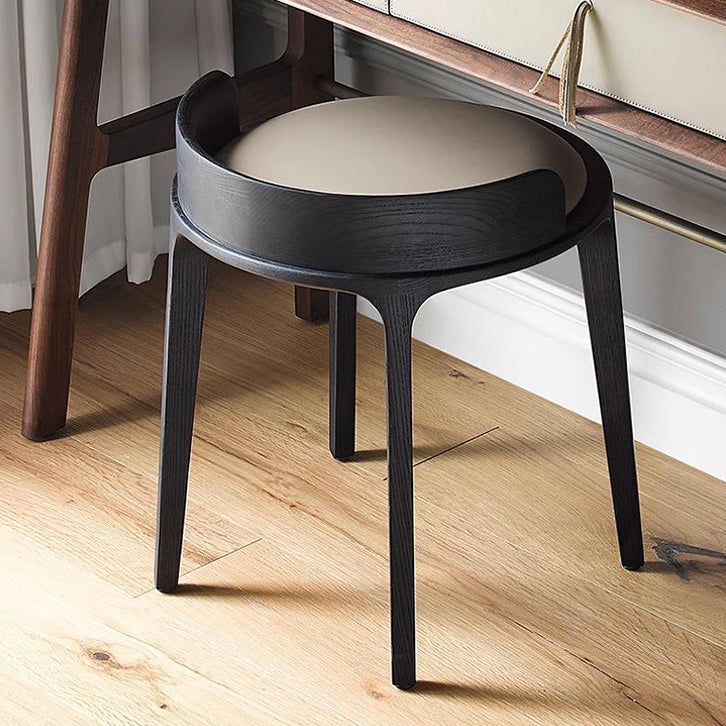 Contemporary Retro Ash Oak Wood Faux Leather Round Vanity Stool With Backrest For Bedroom