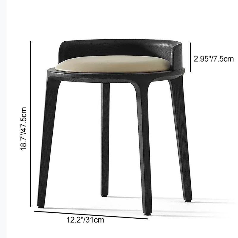 Contemporary Retro Ash Oak Wood Faux Leather Round Vanity Stool With Backrest For Bedroom