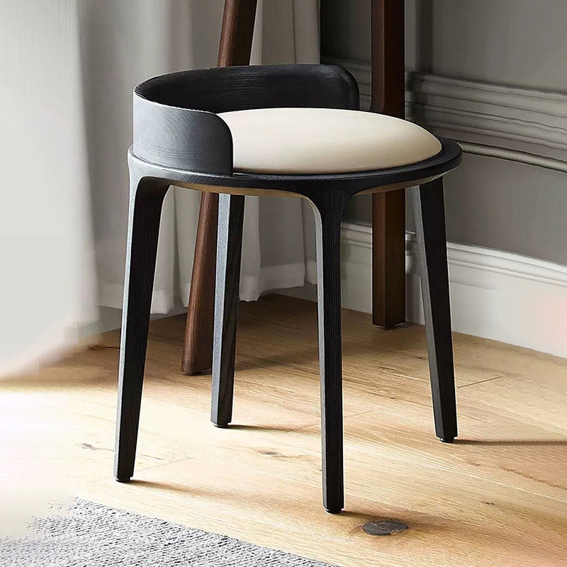 Contemporary Retro Ash Oak Wood Faux Leather Round Vanity Stool With Backrest For Bedroom