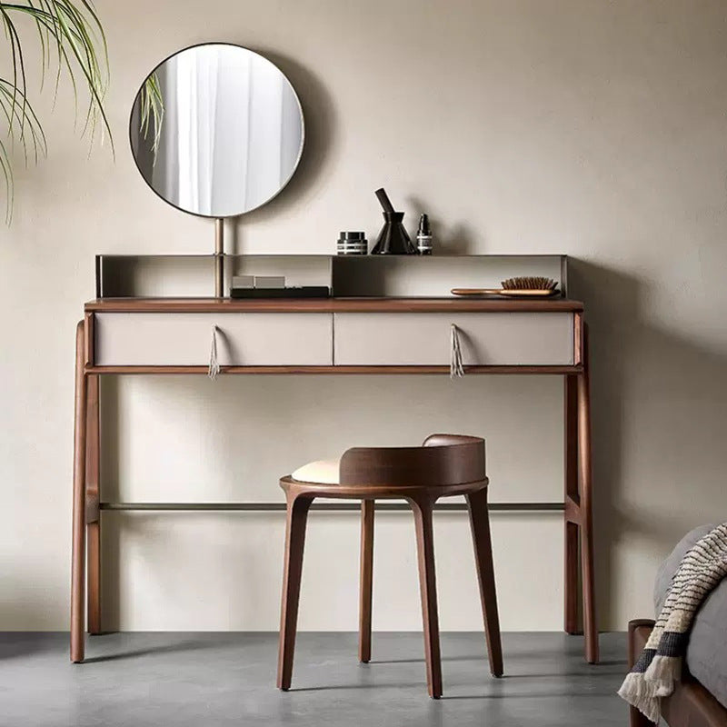 Contemporary Retro Ash Oak Wood Faux Leather Round Vanity Stool With Backrest For Bedroom
