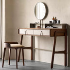 Contemporary Retro Ash Oak Wood Faux Leather Round Vanity Stool With Backrest For Bedroom