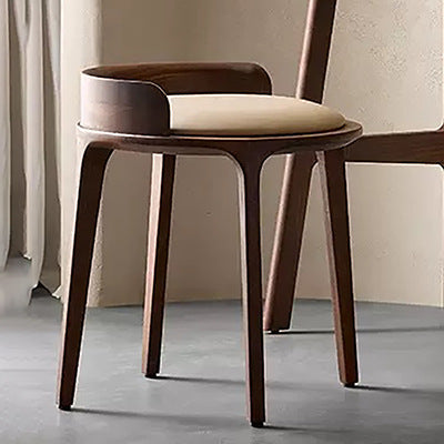 Contemporary Retro Ash Oak Wood Faux Leather Round Vanity Stool With Backrest For Bedroom
