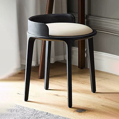 Contemporary Retro Ash Oak Wood Faux Leather Round Vanity Stool With Backrest For Bedroom