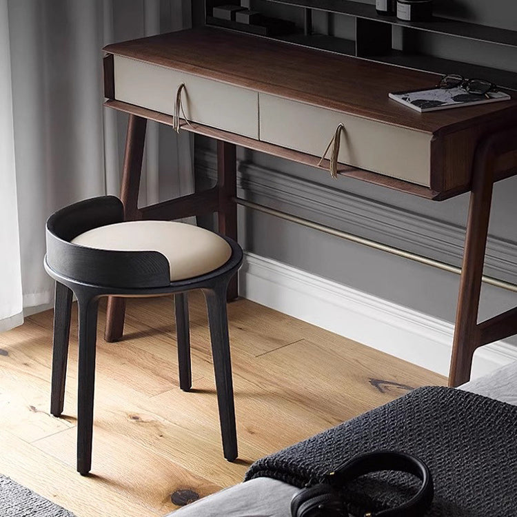 Contemporary Retro Ash Oak Wood Faux Leather Round Vanity Stool With Backrest For Bedroom