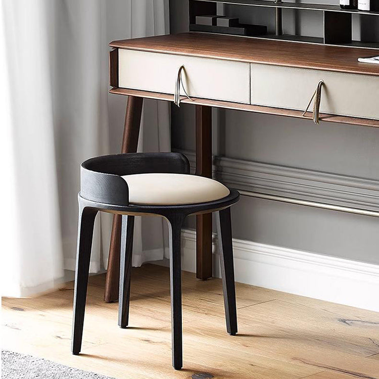 Contemporary Retro Ash Oak Wood Faux Leather Round Vanity Stool With Backrest For Bedroom