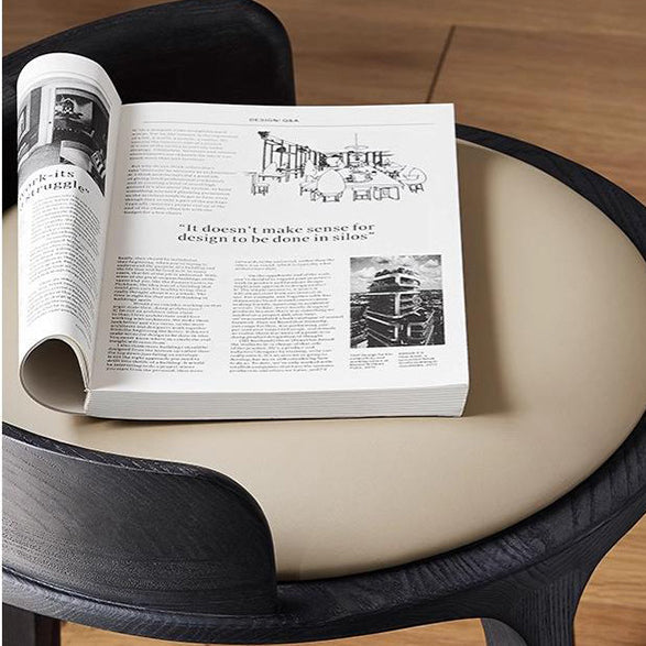 Contemporary Retro Ash Oak Wood Faux Leather Round Vanity Stool With Backrest For Bedroom