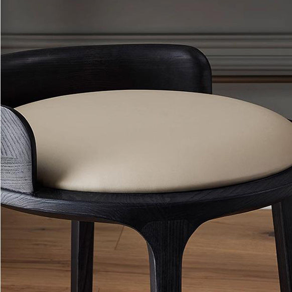 Contemporary Retro Ash Oak Wood Faux Leather Round Vanity Stool With Backrest For Bedroom