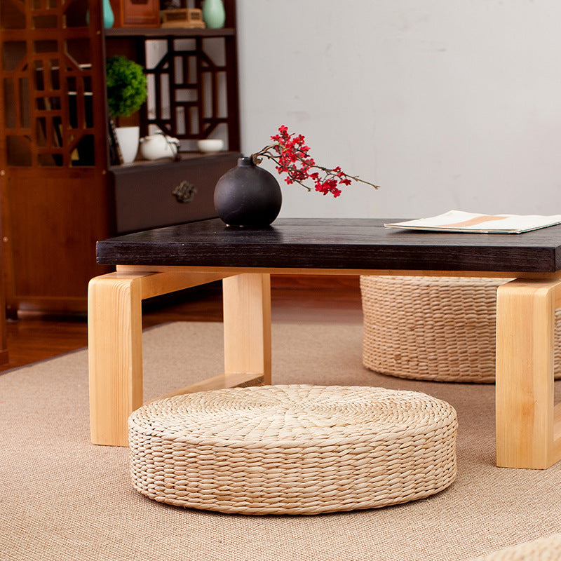 Traditional Japanese Weaving Rush Grass Cotton Round Cushion Low Stool Stackable For Living Room