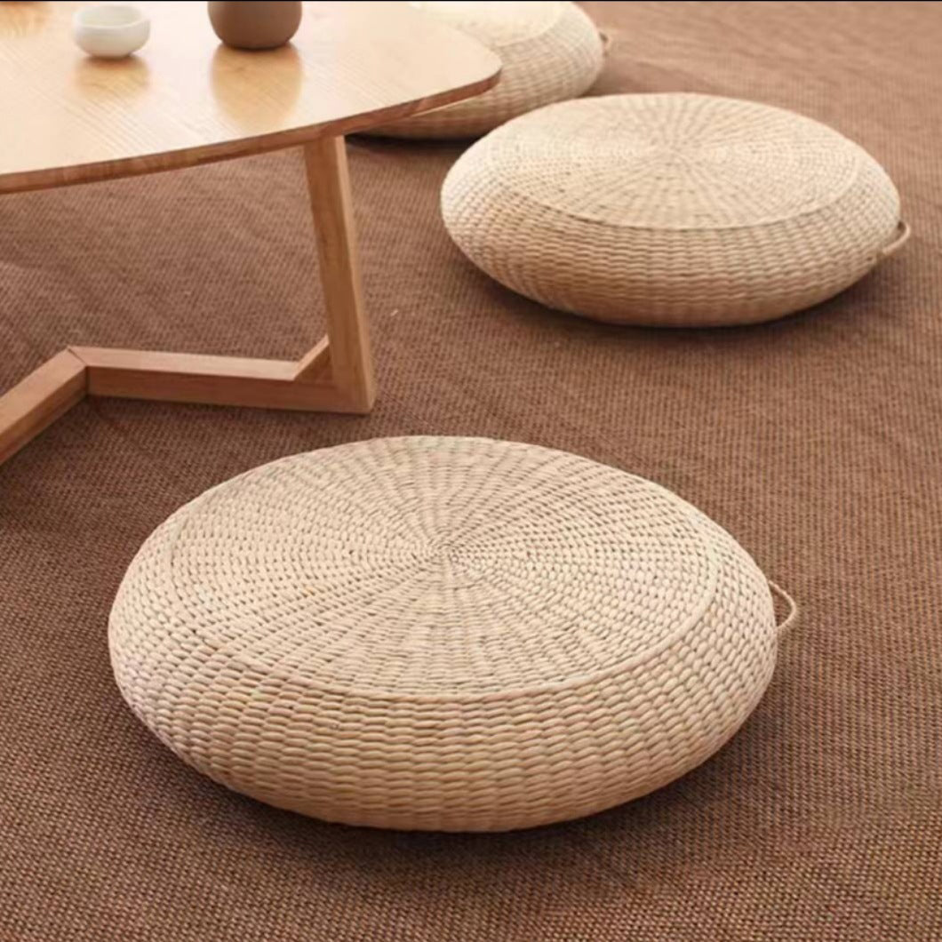 Traditional Japanese Weaving Rush Grass Cotton Round Cushion Low Stool Stackable For Living Room
