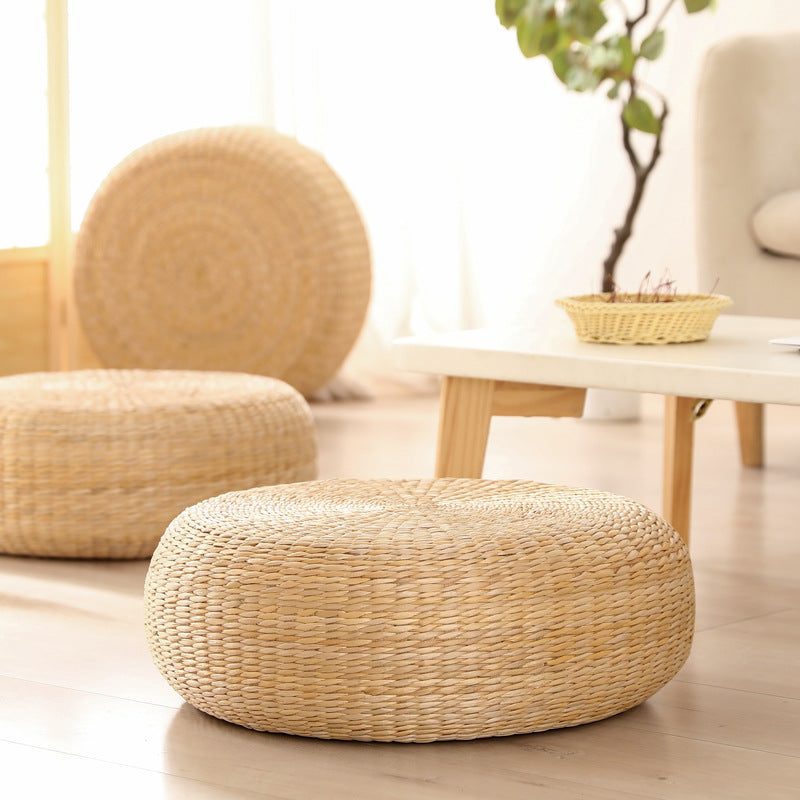 Traditional Japanese Weaving Rush Grass Cotton Round Cushion Low Stool Stackable For Living Room
