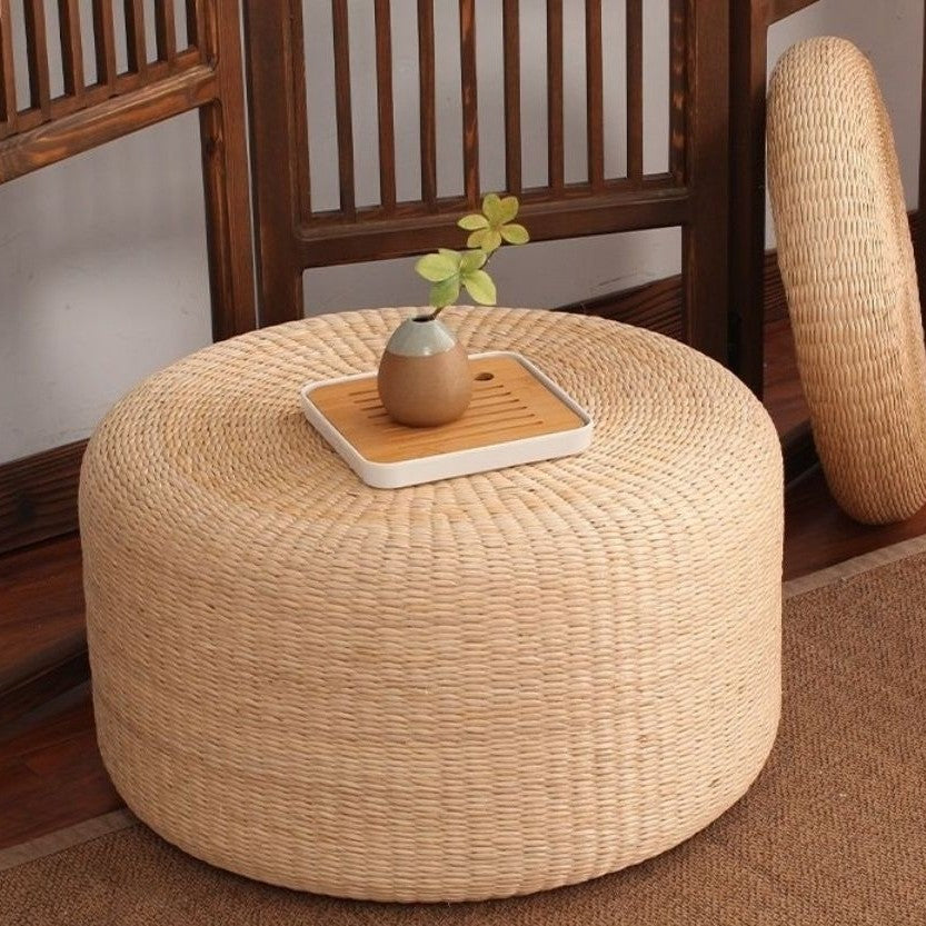 Cojín redondo/taburete bajo de algodón y junco tejido tradicional japonés, apilable, para sala de estar