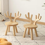 Taburete redondo contemporáneo de madera maciza con astas y respaldo para niños – Taburete bajo para sala de estar y entrada