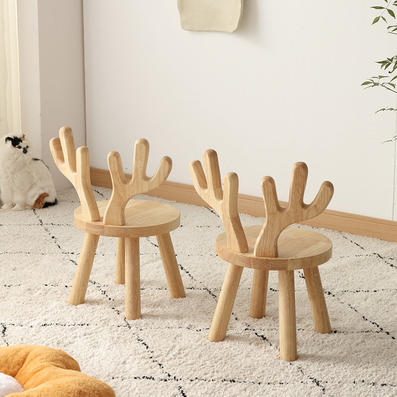 Taburete redondo contemporáneo de madera maciza con astas y respaldo para niños – Taburete bajo para sala de estar y entrada