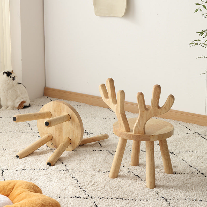 Taburete redondo contemporáneo de madera maciza con astas y respaldo para niños – Taburete bajo para sala de estar y entrada