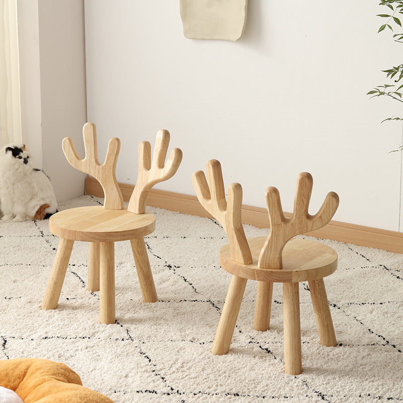 Taburete redondo contemporáneo de madera maciza con astas y respaldo para niños – Taburete bajo para sala de estar y entrada