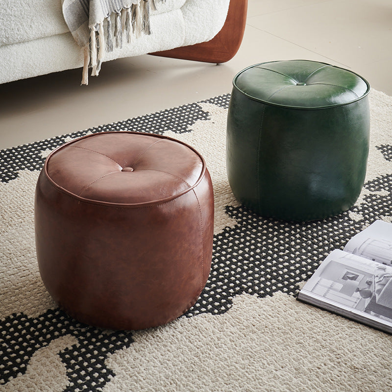 Contemporary Retro Oil Wax Leather Wood Round Button Stackable Footstool For Entryway & Living Room