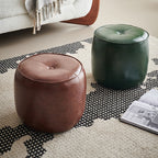 Contemporary Retro Oil Wax Leather Wood Round Button Stackable Footstool For Entryway & Living Room