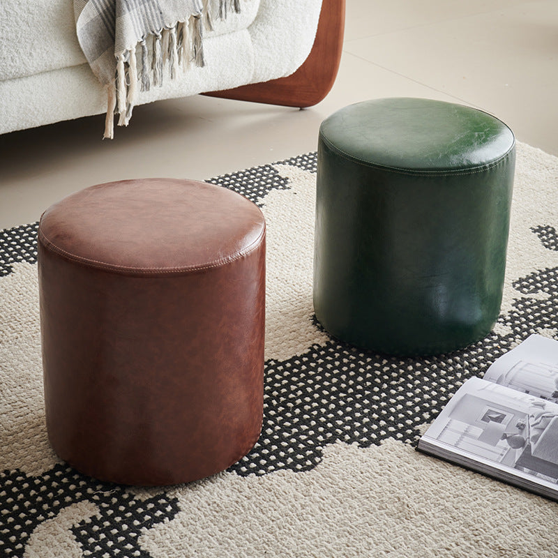 Contemporary Retro Oil Wax Leather Wood Round Button Stackable Footstool For Entryway & Living Room