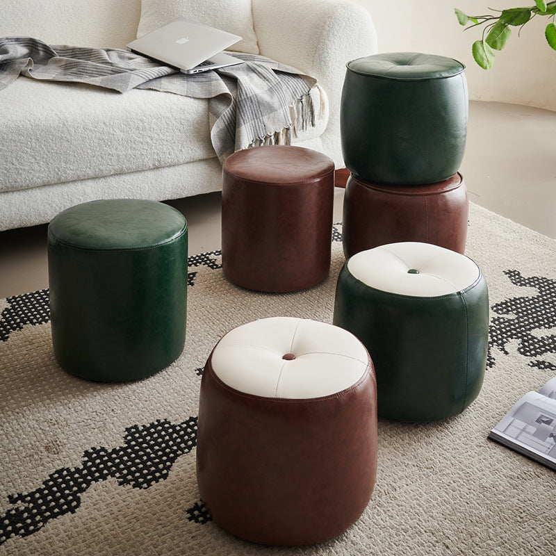 Contemporary Retro Oil Wax Leather Wood Round Button Stackable Footstool For Entryway & Living Room