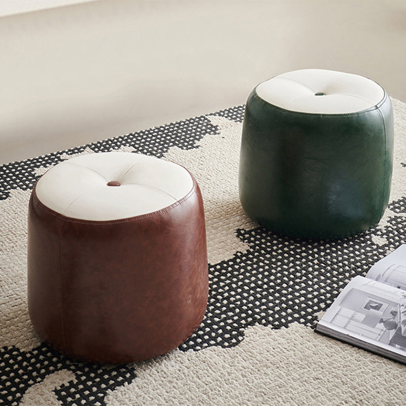 Contemporary Retro Oil Wax Leather Wood Round Button Stackable Footstool For Entryway & Living Room