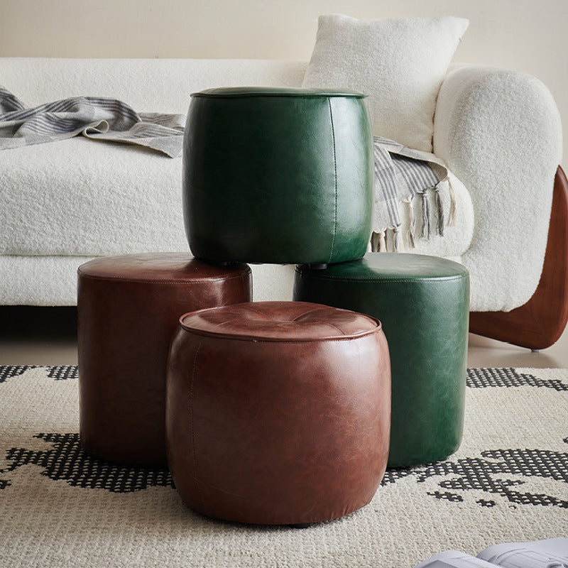 Contemporary Retro Oil Wax Leather Wood Round Button Stackable Footstool For Entryway & Living Room