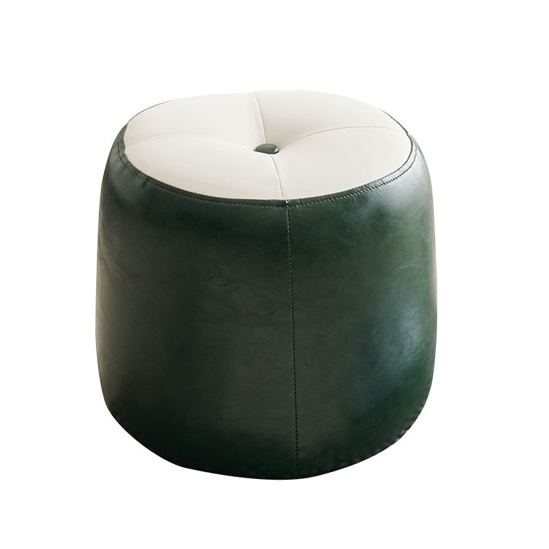 Contemporary Retro Oil Wax Leather Wood Round Button Stackable Footstool For Entryway & Living Room