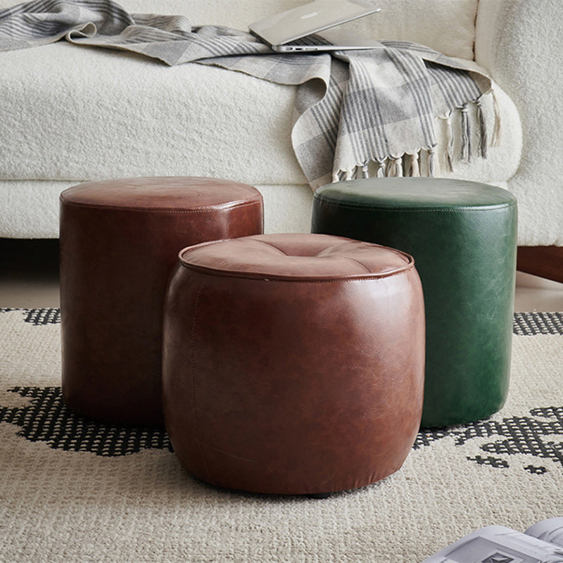 Contemporary Retro Oil Wax Leather Wood Round Button Stackable Footstool For Entryway & Living Room
