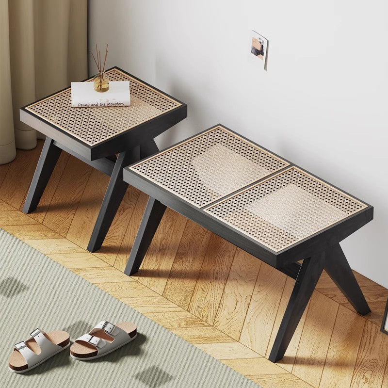 Banco rectangular japonés tradicional con patas en V, de madera de caucho y ratán, con asiento tejido a mano para recibidor y sala de estar