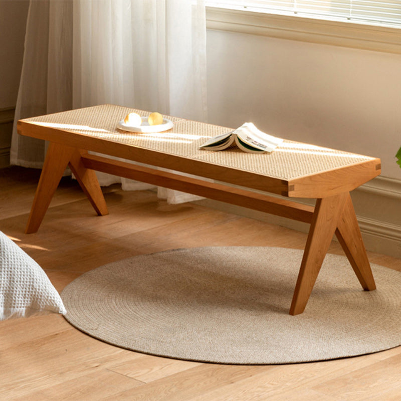 Banco rectangular japonés tradicional con patas en V, de madera de caucho y ratán, con asiento tejido a mano para recibidor y sala de estar