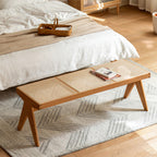 Banco rectangular japonés tradicional con patas en V, de madera de caucho y ratán, con asiento tejido a mano para recibidor y sala de estar