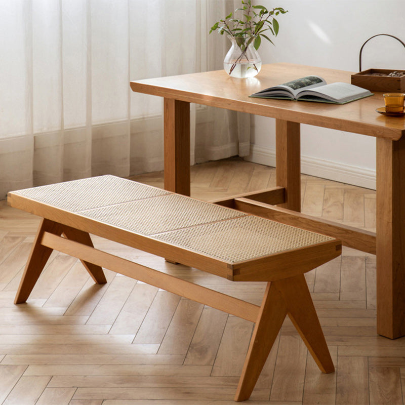 Traditional Japanese Rubber Wood And Rattan Rectangular V-Leg Bench With Handwoven Seat For Entryway And Living Room