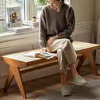 Banco rectangular japonés tradicional con patas en V, de madera de caucho y ratán, con asiento tejido a mano para recibidor y sala de estar