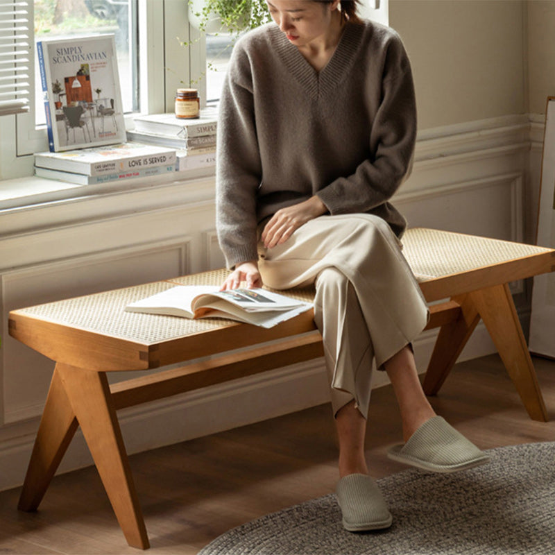 Banco rectangular japonés tradicional con patas en V, de madera de caucho y ratán, con asiento tejido a mano para recibidor y sala de estar