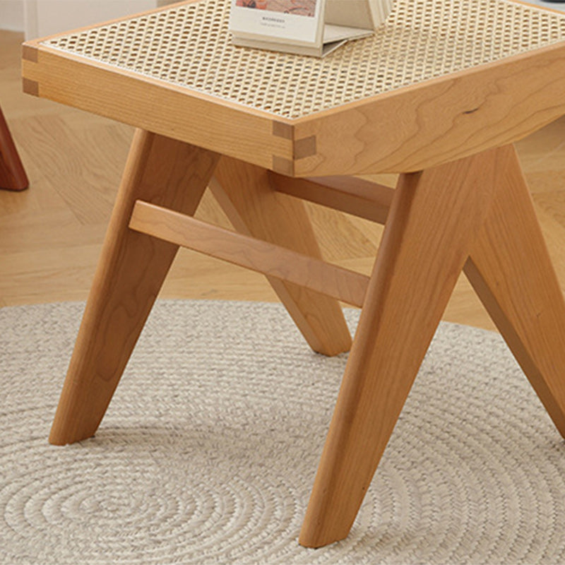 Banco rectangular japonés tradicional con patas en V, de madera de caucho y ratán, con asiento tejido a mano para recibidor y sala de estar