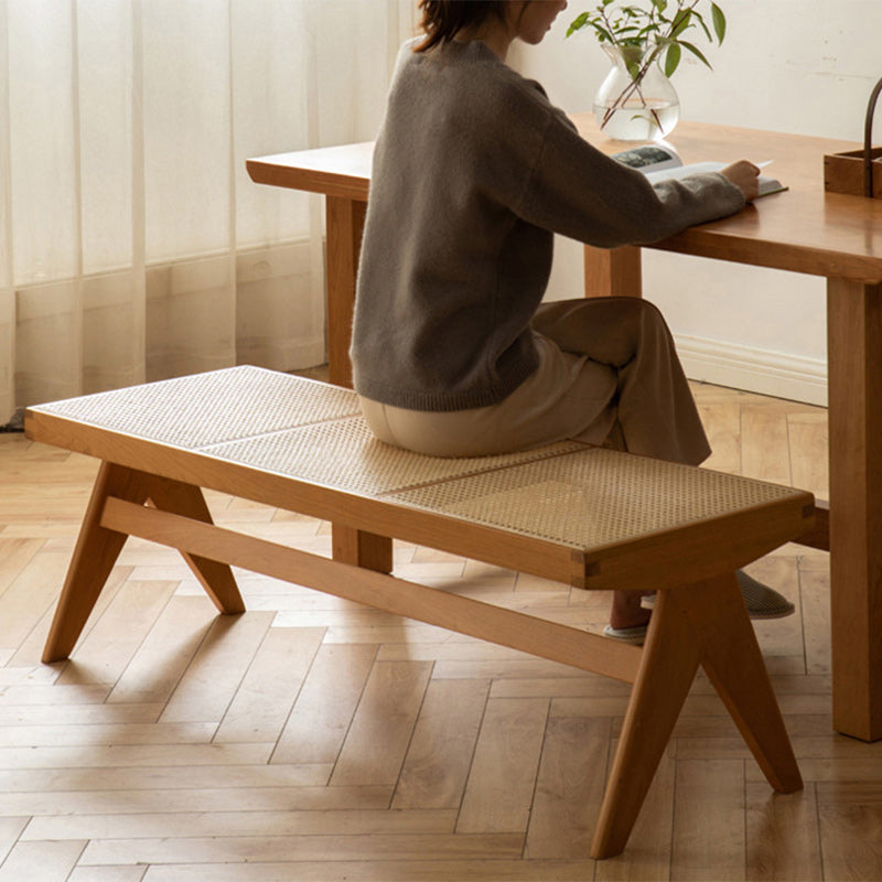 Banco rectangular japonés tradicional con patas en V, de madera de caucho y ratán, con asiento tejido a mano para recibidor y sala de estar