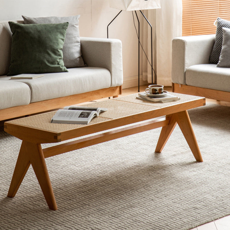 Traditional Japanese Rubber Wood And Rattan Rectangular V-Leg Bench With Handwoven Seat For Entryway And Living Room