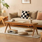 Banco rectangular japonés tradicional con patas en V, de madera de caucho y ratán, con asiento tejido a mano para recibidor y sala de estar