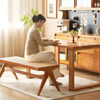 Banco rectangular japonés tradicional con patas en V, de madera de caucho y ratán, con asiento tejido a mano para recibidor y sala de estar