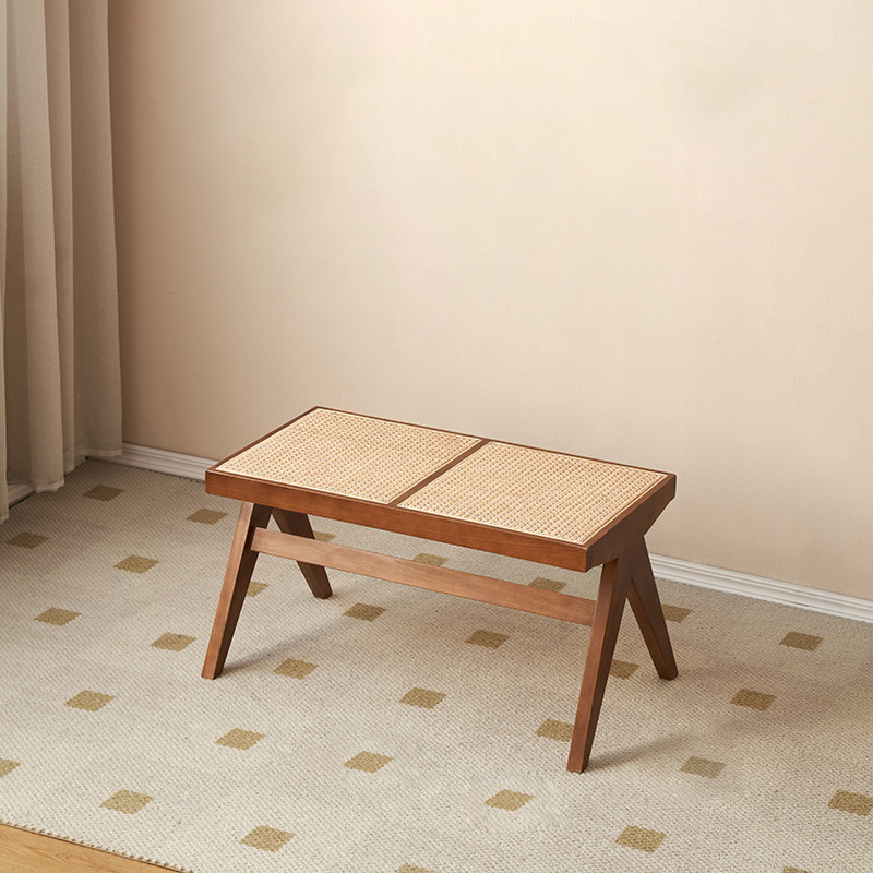 Traditional Japanese Rubber Wood And Rattan Rectangular V-Leg Bench With Handwoven Seat For Entryway And Living Room