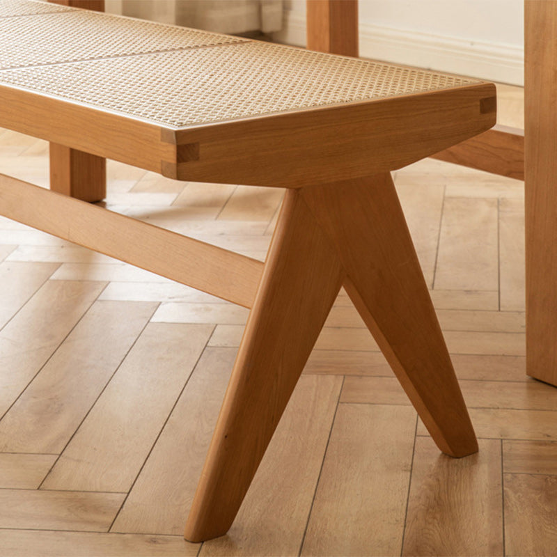 Banco rectangular japonés tradicional con patas en V, de madera de caucho y ratán, con asiento tejido a mano para recibidor y sala de estar