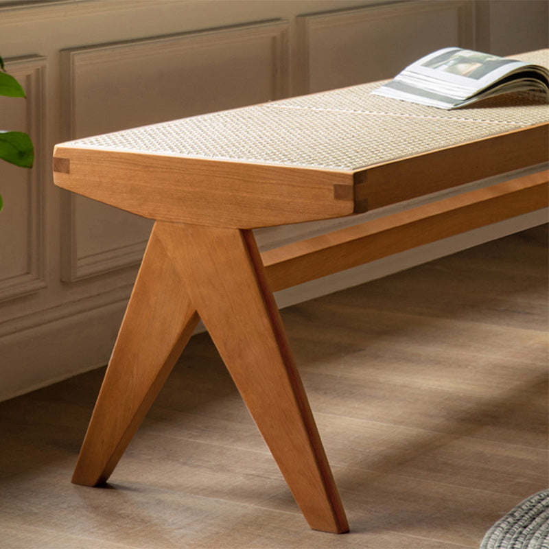 Banco rectangular japonés tradicional con patas en V, de madera de caucho y ratán, con asiento tejido a mano para recibidor y sala de estar