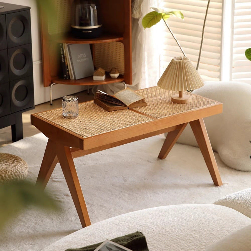 Traditional Japanese Rubber Wood And Rattan Rectangular V-Leg Bench With Handwoven Seat For Entryway And Living Room