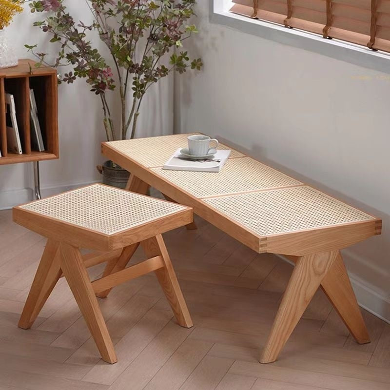 Banco rectangular japonés tradicional con patas en V, de madera de caucho y ratán, con asiento tejido a mano para recibidor y sala de estar