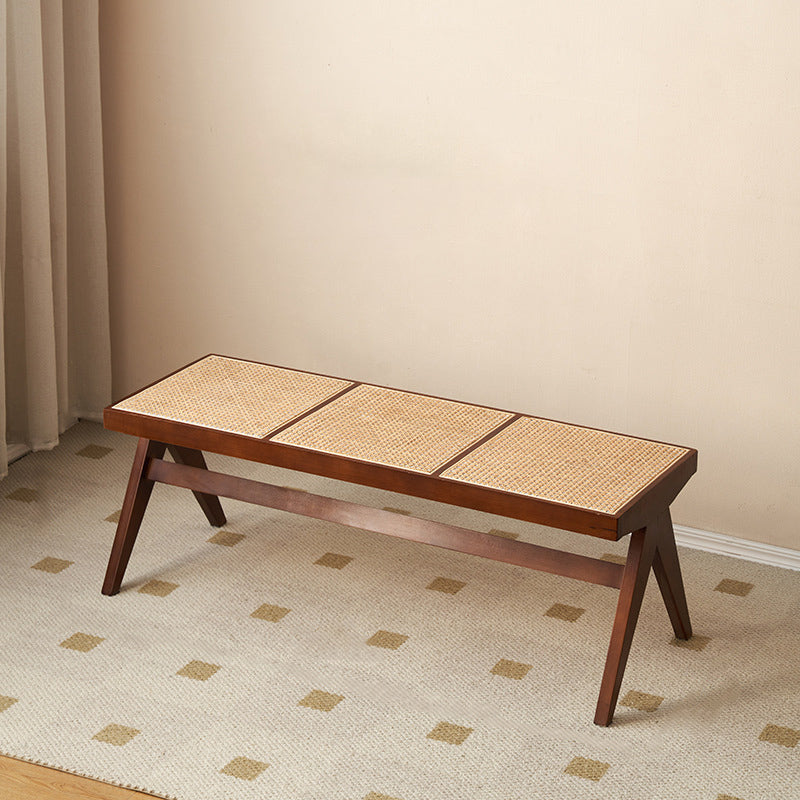 Traditional Japanese Rubber Wood And Rattan Rectangular V-Leg Bench With Handwoven Seat For Entryway And Living Room