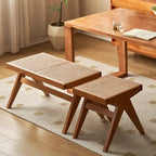 Banco rectangular japonés tradicional con patas en V, de madera de caucho y ratán, con asiento tejido a mano para recibidor y sala de estar