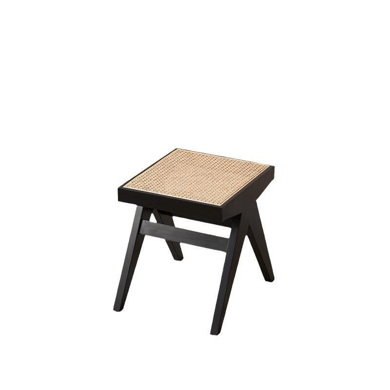 Banco rectangular japonés tradicional con patas en V, de madera de caucho y ratán, con asiento tejido a mano para recibidor y sala de estar