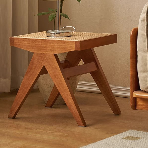 Traditional Japanese Rubber Wood And Rattan Rectangular V-Leg Bench With Handwoven Seat For Entryway And Living Room
