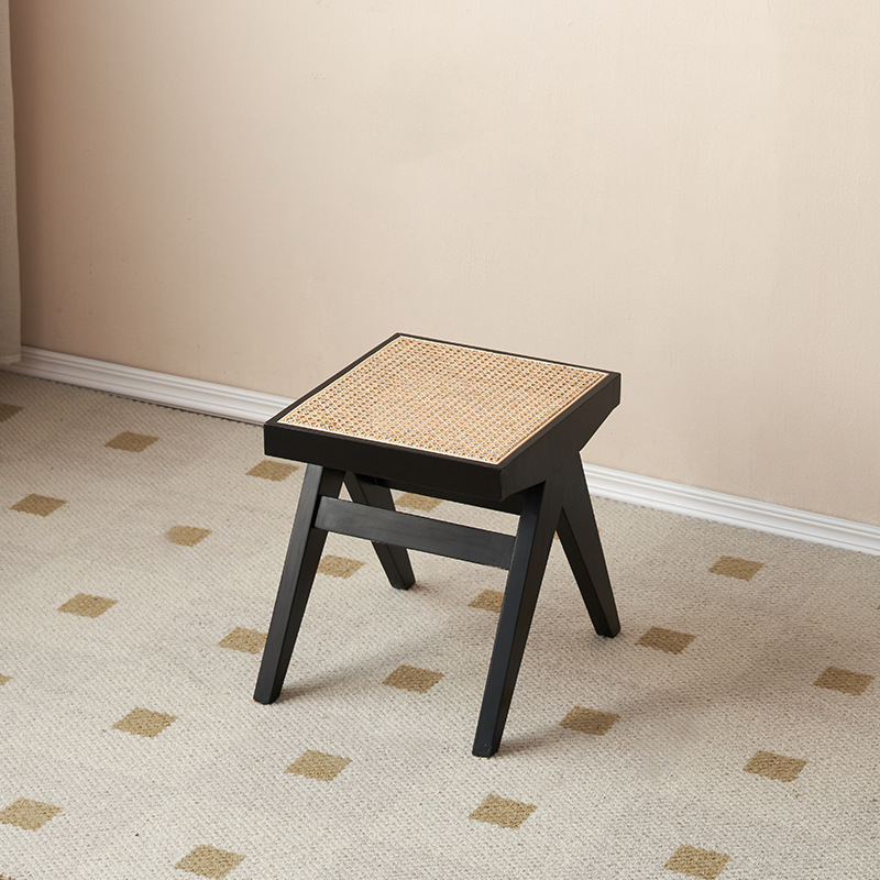 Traditional Japanese Rubber Wood And Rattan Rectangular V-Leg Bench With Handwoven Seat For Entryway And Living Room